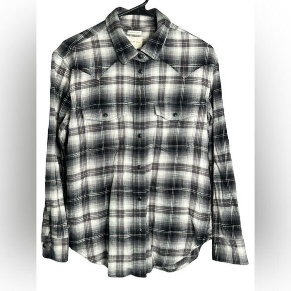 American Eagle Women’s XS‎ Oversized Western Collared Snap Button Black Flannel - Picture 1 of 8